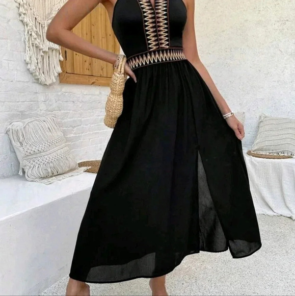 Backless Halter Neck Woven Strap Spliced Dress - Picture 1 of 4